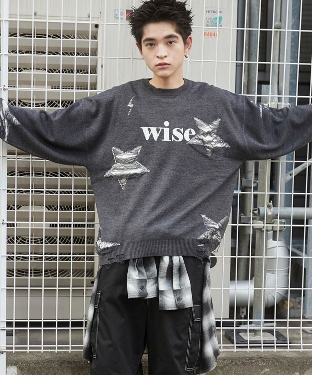 WEGO 【ユニセックス着用ITEM】ダメージジャガードニットプルオーバー スミクロ