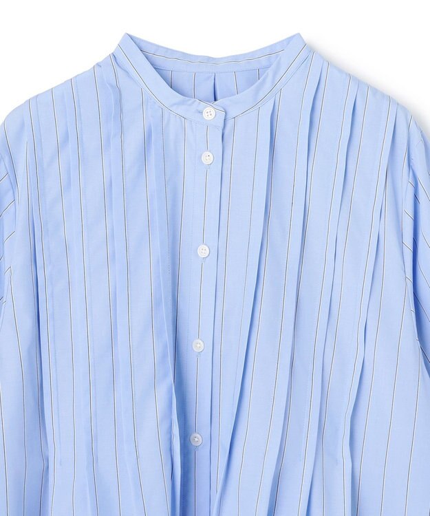 UNFILO L バンドカラー タックブラウス ブルーストライプ