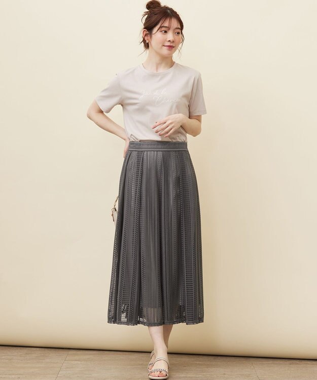 ANY SIS 【洗える】ストライプメッシュレース スカート スレート