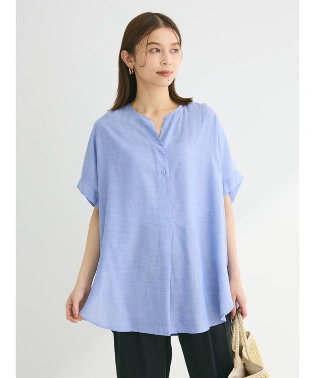 Green Parks リネンレーヨン前立てブラウス Sax