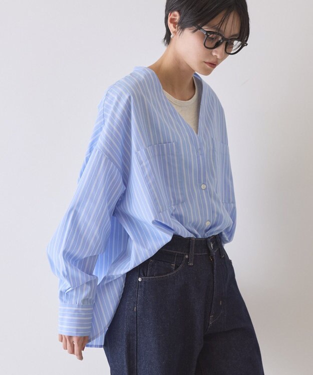 AMERICAN HOLIC 【イージーケア】ストライプVネックシャツ Sax