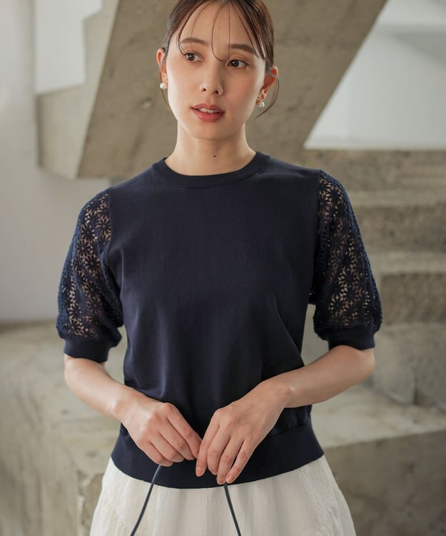 組曲 【先行予約】コットンフラワーレーシープルオーバー ニット ネイビー系