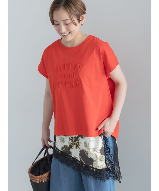 Te chichi 【接触冷感】エンボスロゴフレンチスリーブTシャツ レッド