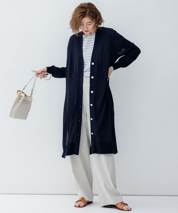 23区 【洗える】シアーコットンナイロン ロングカーディガン ネイビー系
