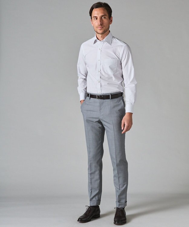 GOTAIRIKU 【形態安定】PREMIUMPLEATS_セミワイドカラー 通年ドレスシャツ（ストライプ） ライトグレー系1