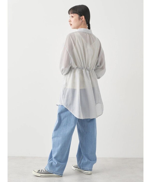 earth music&ecology ワンポイント刺繍ロングシャツ Stripe Black