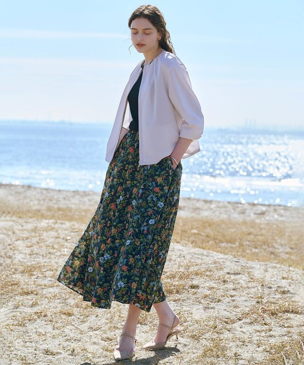 J.PRESS LADIES S スパンボタニカル プリント ロング フレア スカート ネイビー系