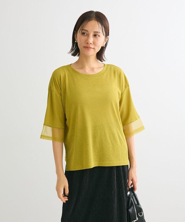 Green Parks 袖チュールドッキングシアー５分袖プルオーバー Green