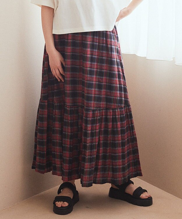 earth music&ecology クリンクルスカート Check Red