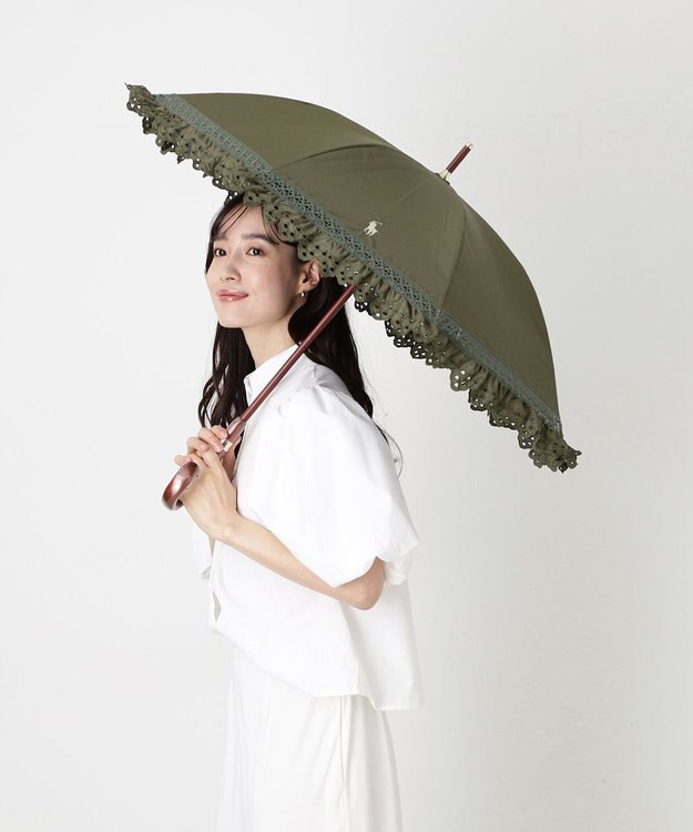 MOONBAT 【遮光/晴雨兼用日傘】POLO RALPH LAUREN(ポロ ラルフローレン) エンブフリル 長傘 遮熱 UV カーキー