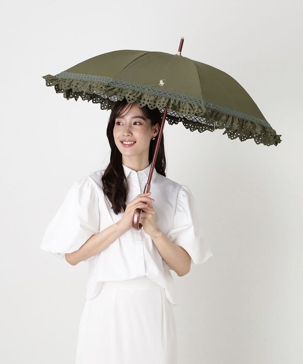 MOONBAT 【遮光/晴雨兼用日傘】POLO RALPH LAUREN(ポロ ラルフローレン) エンブフリル 長傘 遮熱 UV カーキー
