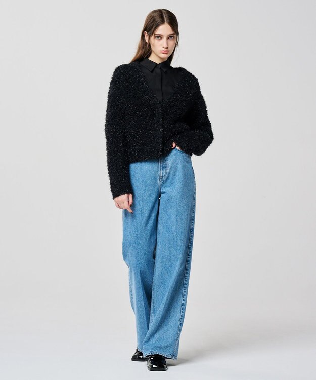 uncrave ヘアリー ラメ ニット ショート カーディガン（uncrave WHITE） メタルブラック