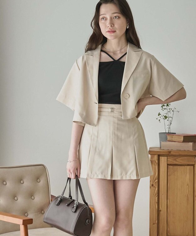 WEGO 【SETUP可】リネンライクプリーツミニスカパン ナチュラル