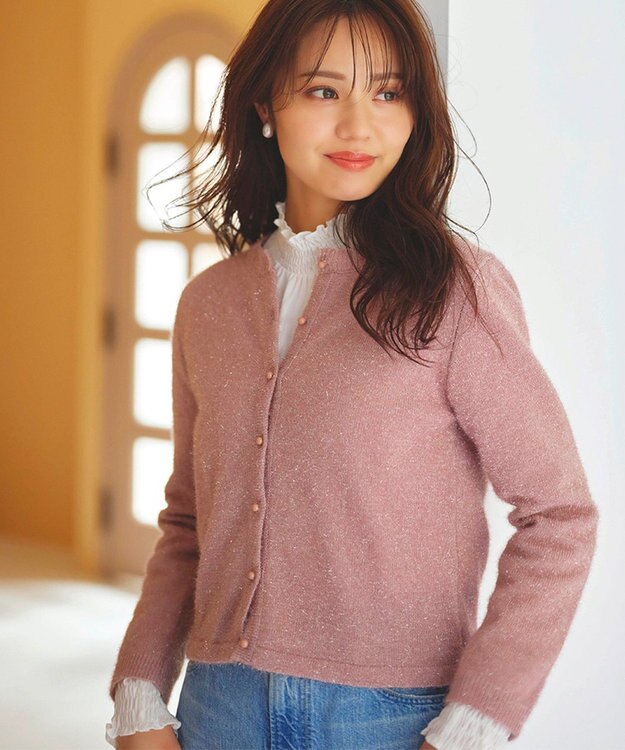Feroux 【洗える】ラメシャギー カーディガン ピンク系