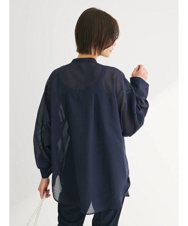 Green Parks シアーチェック袖ドロストシャツチュニック Dark Navy