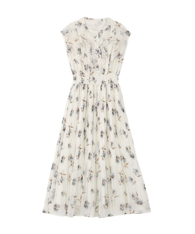 YECCA VECCA フラワー柄フリルプリーツワンピース Off White