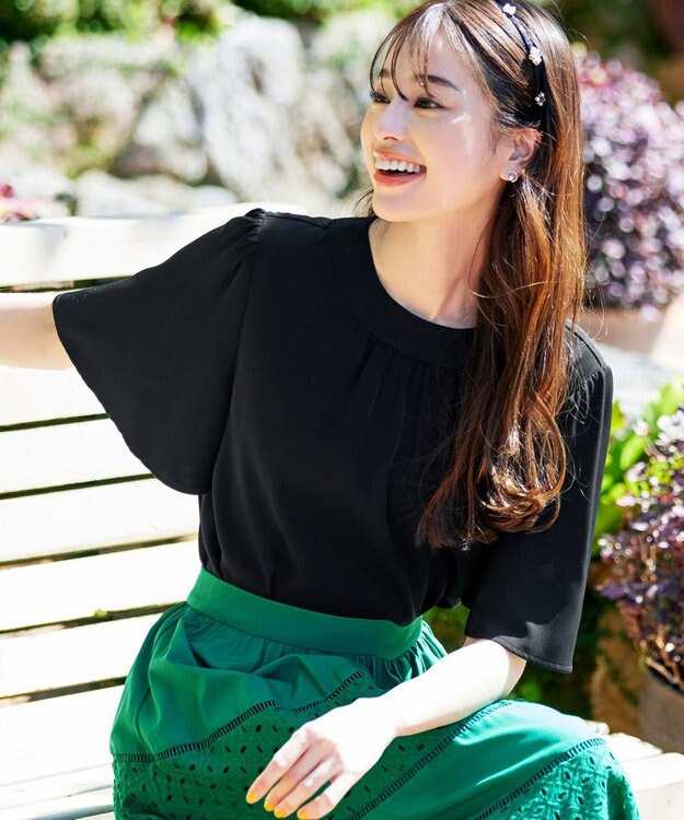 Tiaclasse 【洗える】5分丈フレアスリーブブラウス ブラック