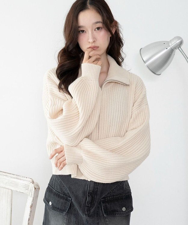 WEGO ダブルジップショートニットブルゾン ホワイトアイボリー