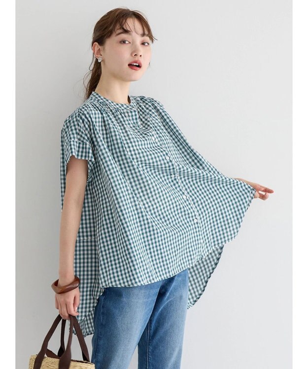 AMERICAN HOLIC フレンチスリーブバック切替シャツ Check Green