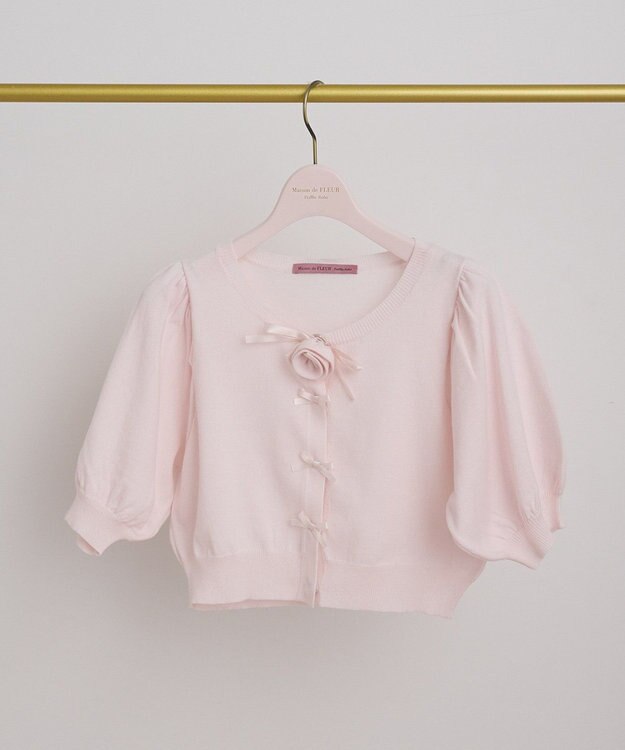 Maison de FLEUR ローズニット半袖カーディガン Pink