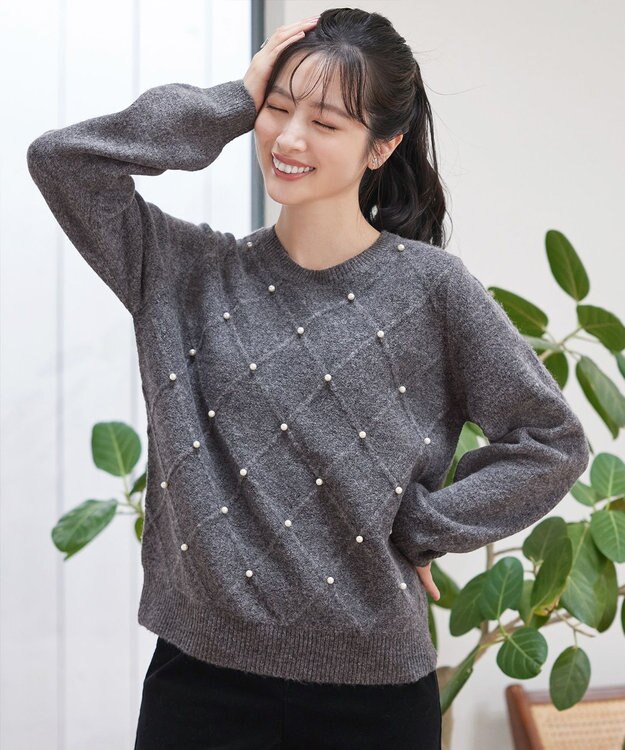 Tiaclasse ダイヤ柄パール付きニットプルオーバー グレー