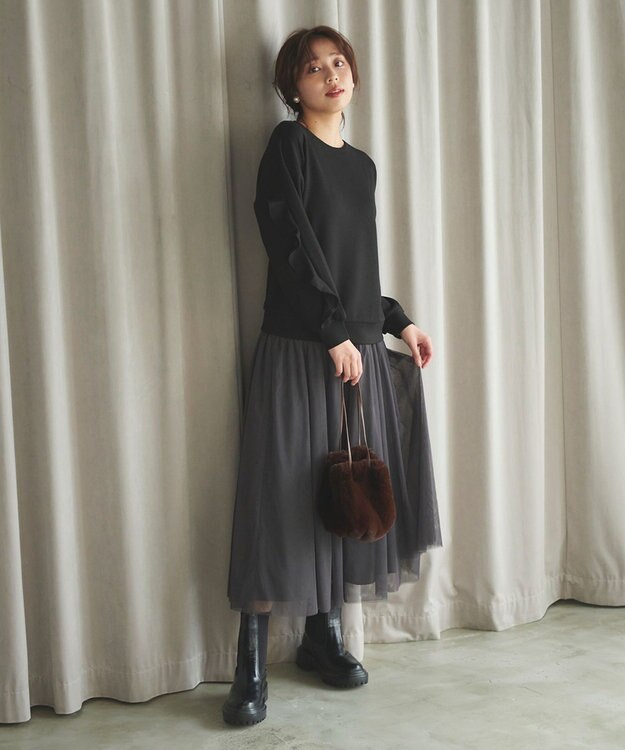 Feroux 【洗える】コルセットチュール スカート ネイビー系