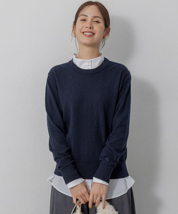 組曲 S 【加藤ローサさん着用】コットンカシミヤMIX刺繍入りニット ネイビー系