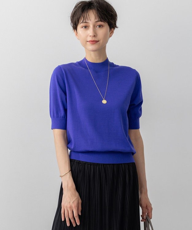 23区 S 【洗える】サステナブルウール モックネック 5分袖 ニット ブルー系