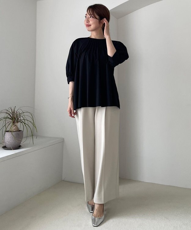 UNFILO L イージーケア ピンタックブラウス ブラック