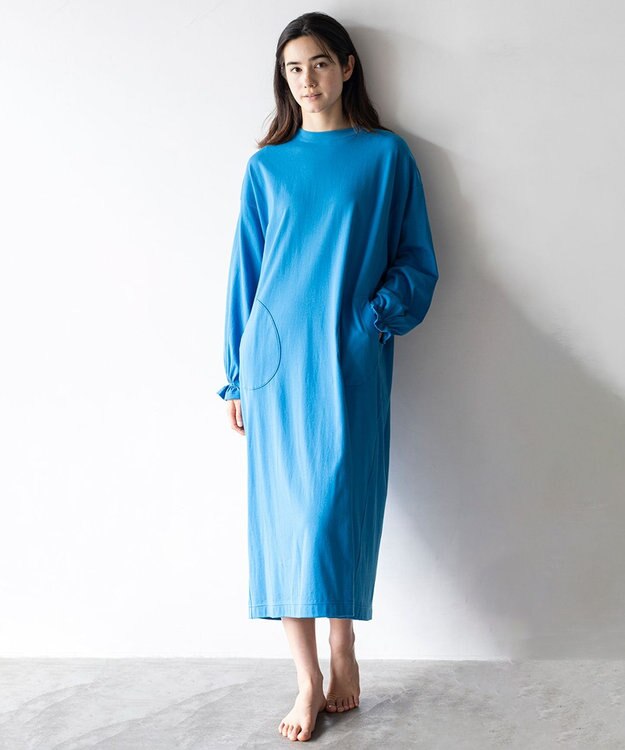 HAAG スマイルコットン LONG SLEEVE ONEPIECE ワンピース ブルー