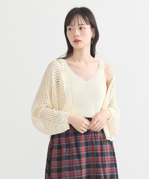 earth music&ecology ＳＥＴ２点メッシュニットカーディガン＋ビスチェ Ivory