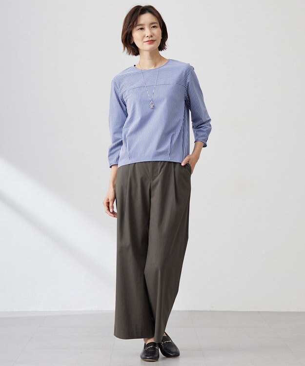 J.PRESS LADIES 【洗える】セルロースリネンストレッチ タックワイドパンツ スレート系