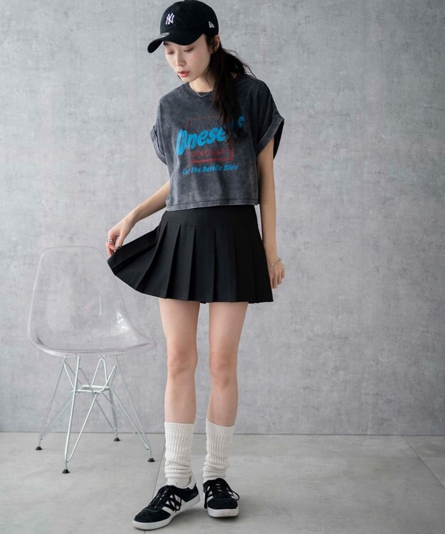 WEGO 【洗える】ヴィンテージウォッシュロールアップショートTシャツ スミクロ