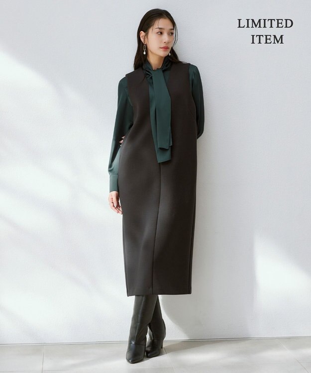 ICB 【WEB限定・洗える】 ドレープサテン ボウタイブラウス ミッドグリーン系