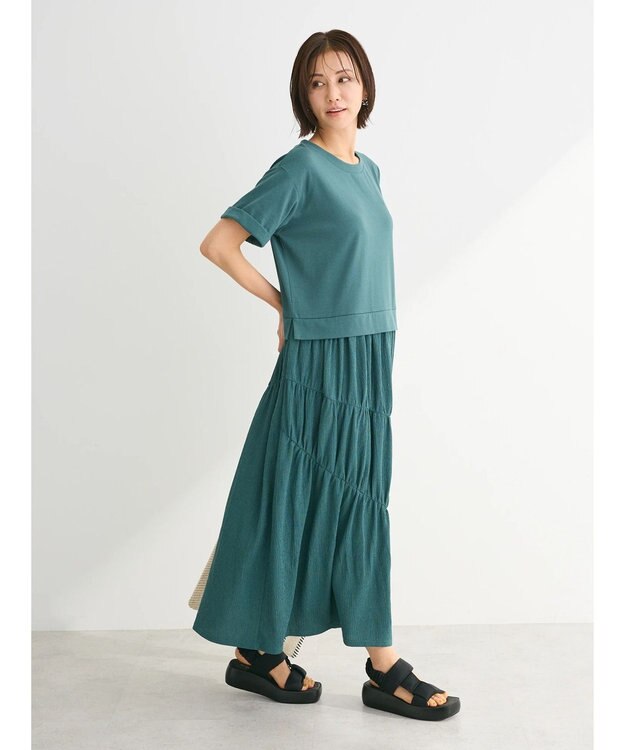 Green Parks カットソー異素材ドッキングワンピース Khaki