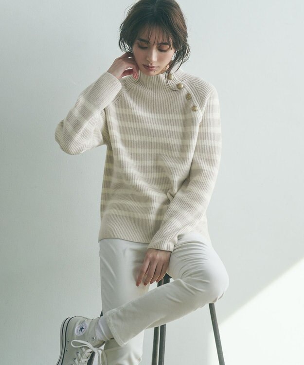 23区 S 【洗える】ウールカシミヤ パネルボーダー ニット ベージュxオフホワイトボーダー