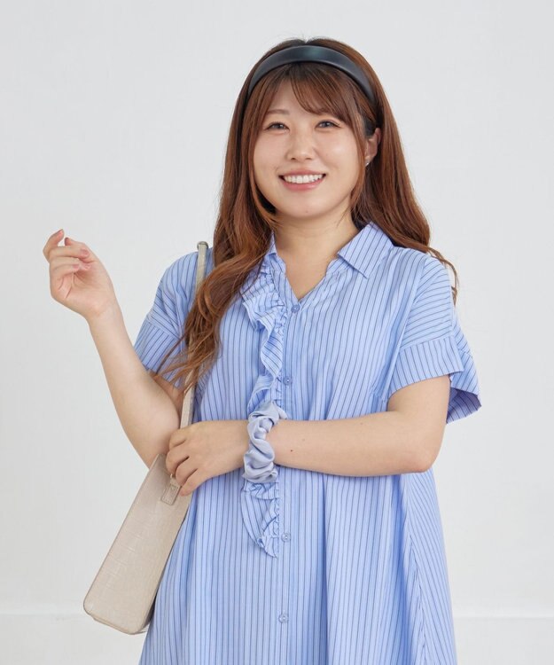 Tiaclasse L 【洗える】ストライプフリルシャツワンピース ブルーストライプ