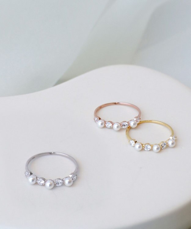 Tiaclasse 3粒パール&ストーンリング シルバー