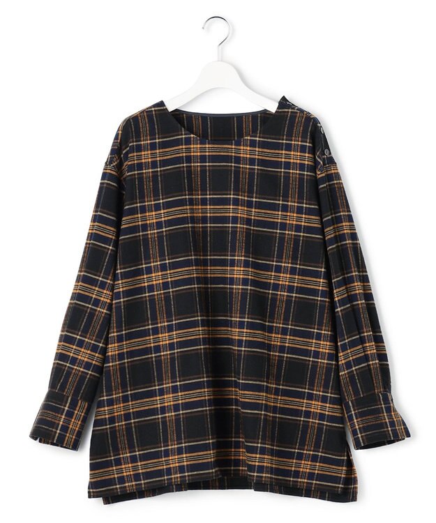 23区 L 【Lサイズ限定】ブラッシュド ビエラチェック ノーカラーブラウス ネイビー系