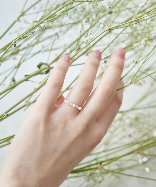 Tiaclasse 3粒パール&ストーンリング ゴールド