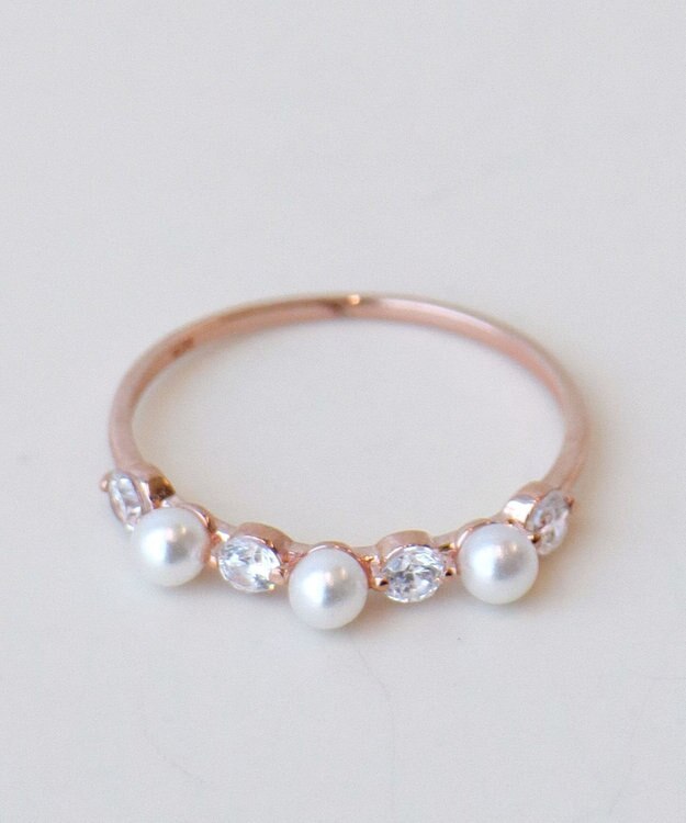 Tiaclasse 3粒パール&ストーンリング ピンクゴールド