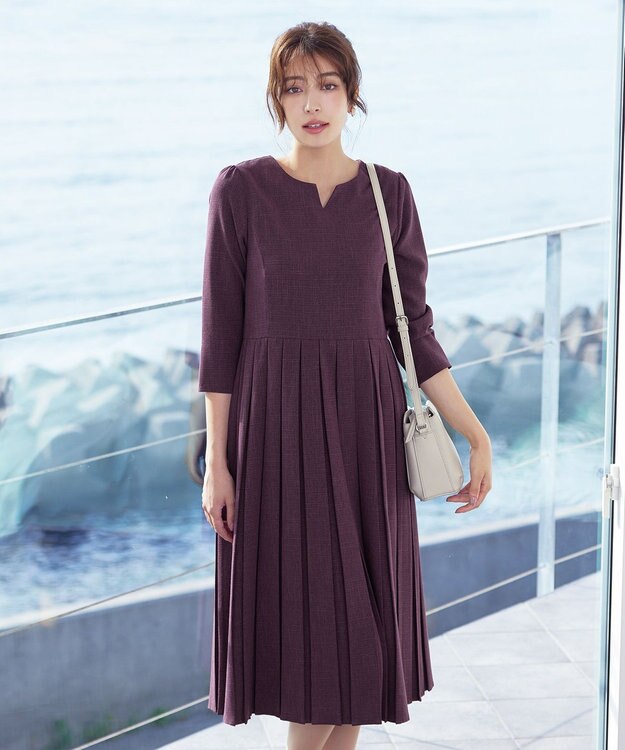 Tiaclasse 【洗える】プリーツワンピース ワイン