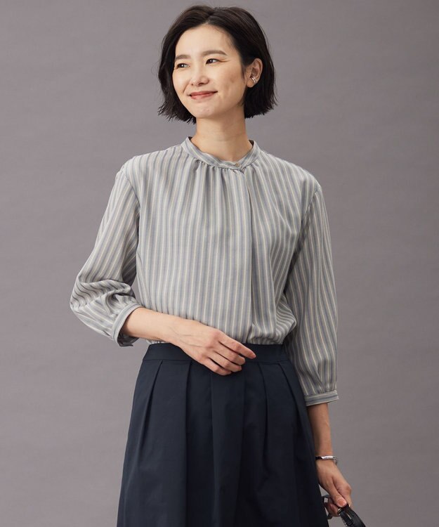 J.PRESS LADIES L TW ストライプ＆チェック カットソー ライトグレー系1