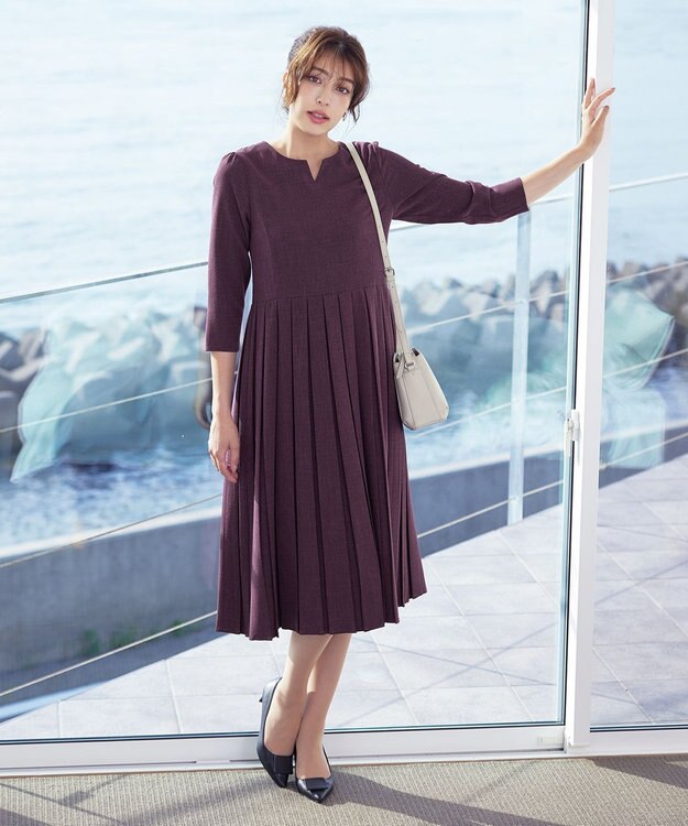 Tiaclasse L 【洗える】プリーツワンピース ワイン