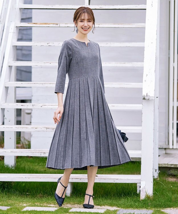 Tiaclasse 【洗える】プリーツワンピース ネイビー