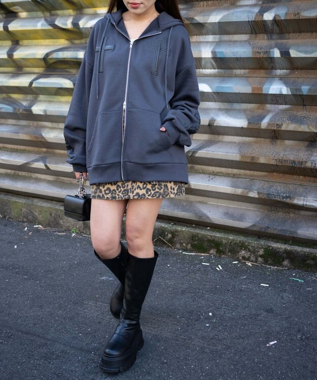 WEGO 【裏起毛/セットアップ対応】グラフィック裏起毛ZIPビッグパーカー グレー