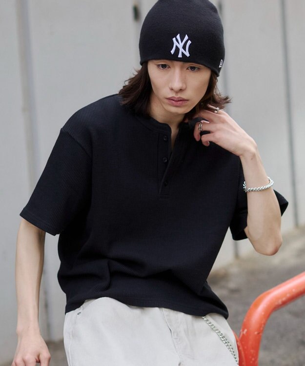 WEGO 【ユニセックス着用ITEM/MLサイズ展開】ワッフルヘンリーネックT（SS） ブラック