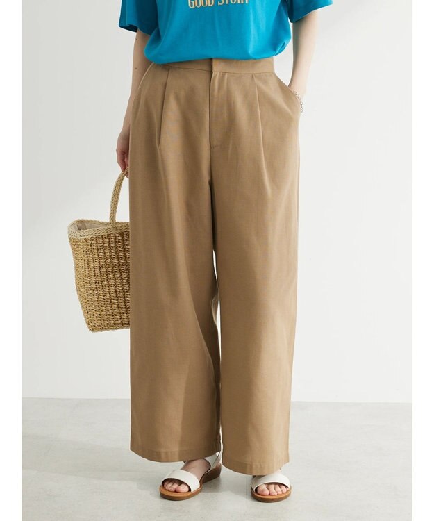 Green Parks 綿麻混タックストレートワイドパンツ Dark Beige