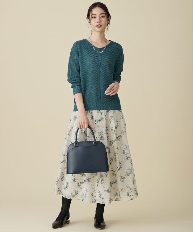 自由区 L エアリーローン花柄プリント スカート ベージュ×ブルー