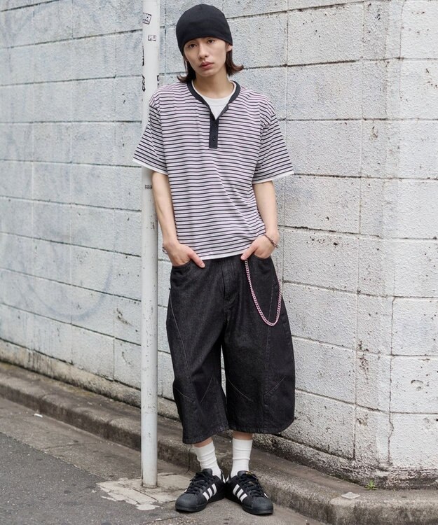 WEGO 【ユニセックス着用ITEM】ボーダーヘンリーネックT（SS） ブラックボーダー